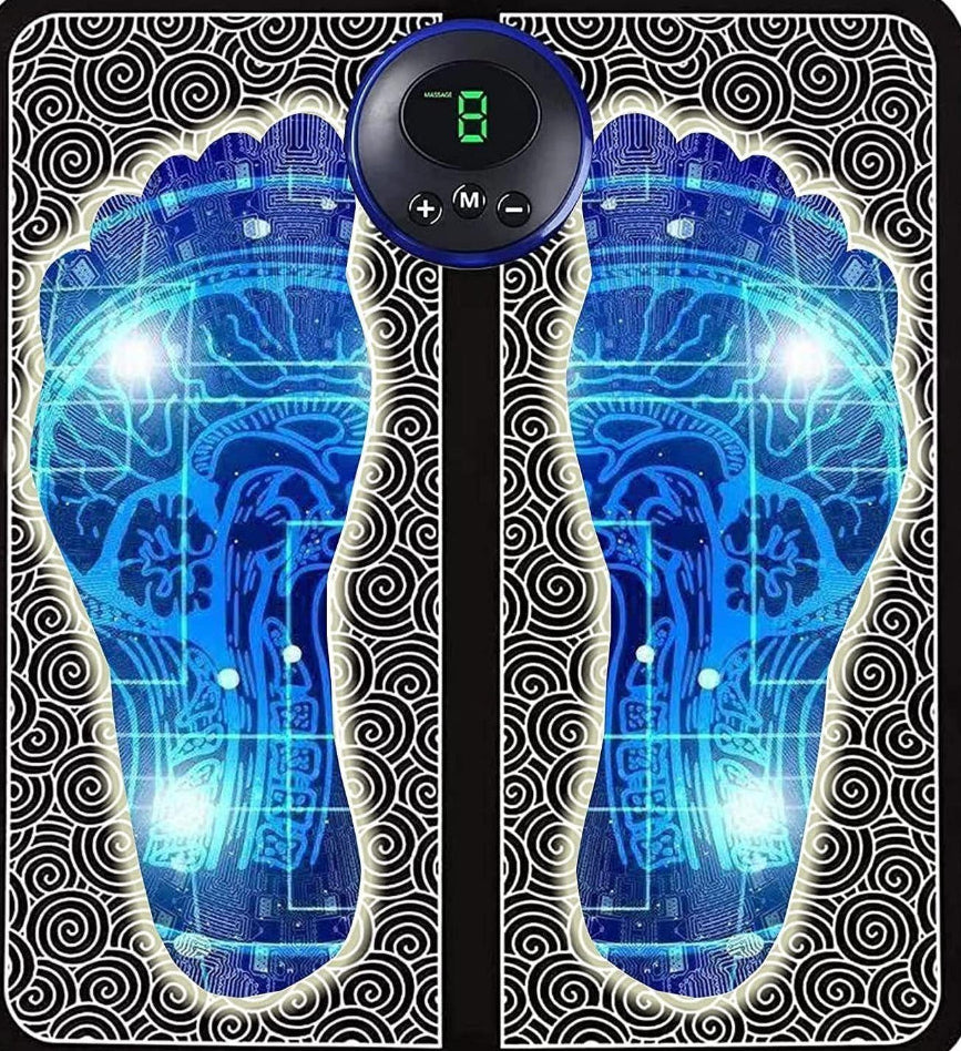 Foot-shaped device with blue light and digital display on a black background